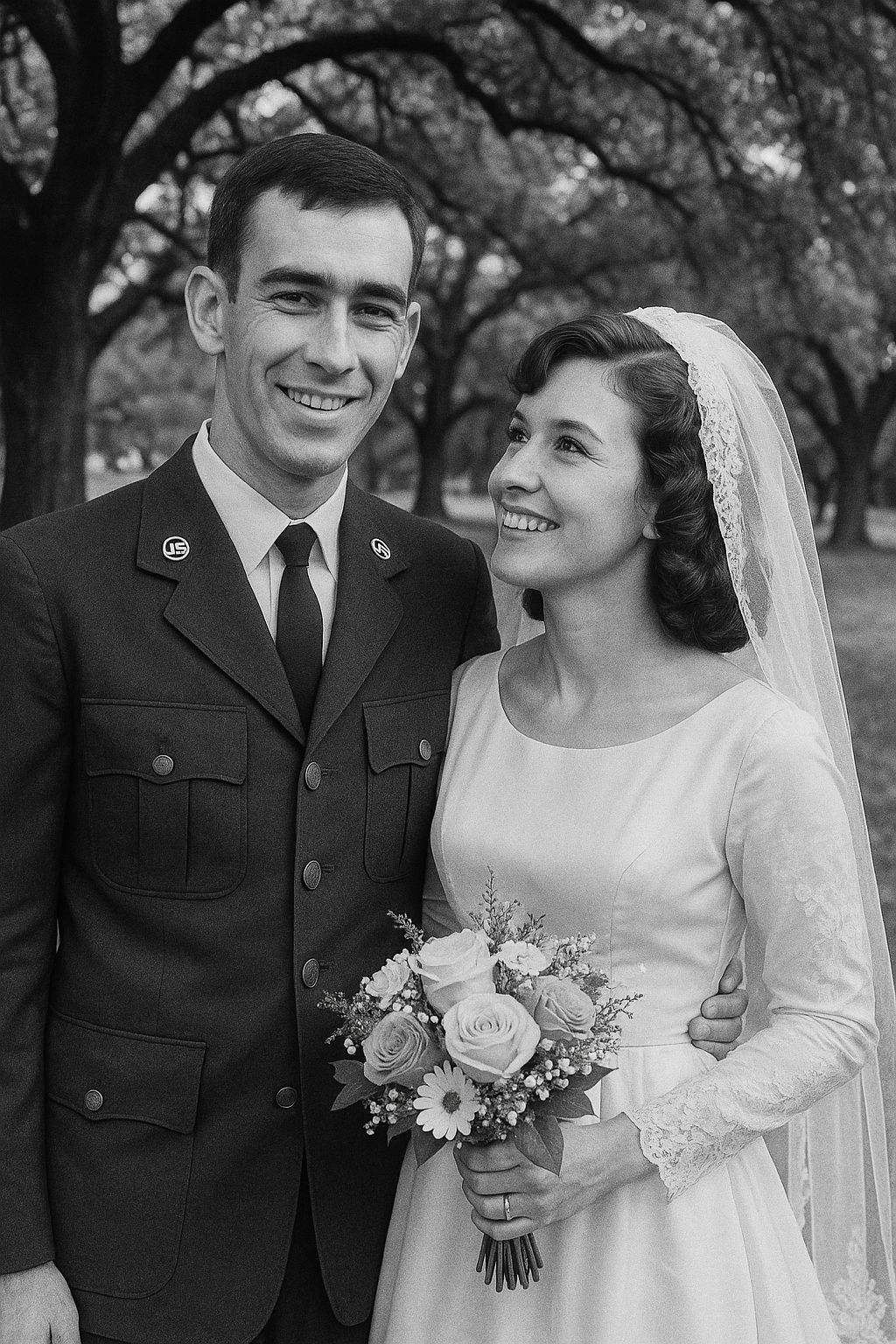 Brandon and Emily on their wedding day, smiling under a canopy of oak trees.